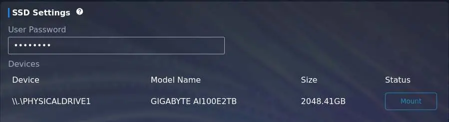 Sekcja ustawień SSD w aplikacji