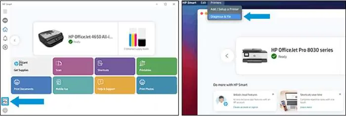 Uruchamianie narzędzia Diagnose & Fix w aplikacji HP Smart