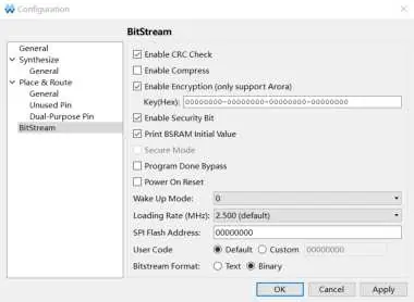 Opcje konfiguracji bitstreamu w oprogramowaniu.