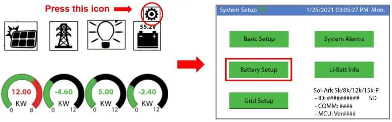 Dostęp do menu Battery Setup w falowniku