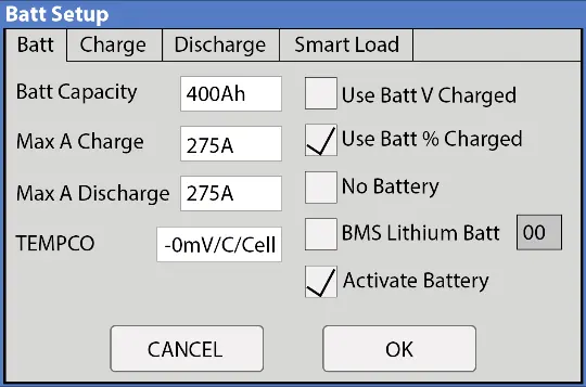 Menu Battery Setup
