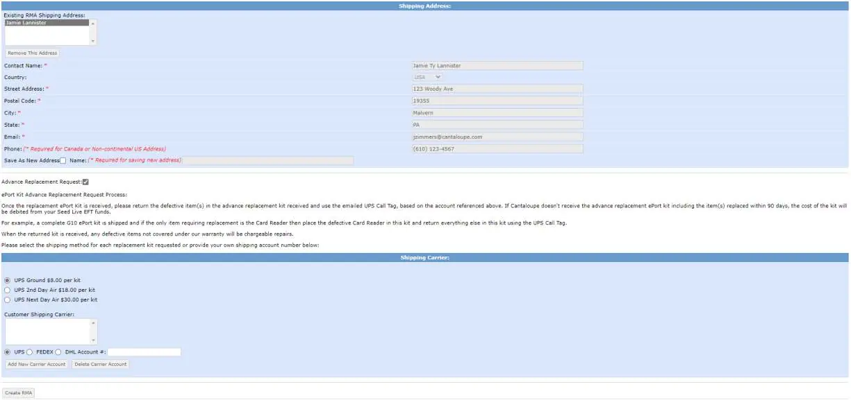 Sekcja danych wysyłkowych i opcja Advanced Replacement Request
