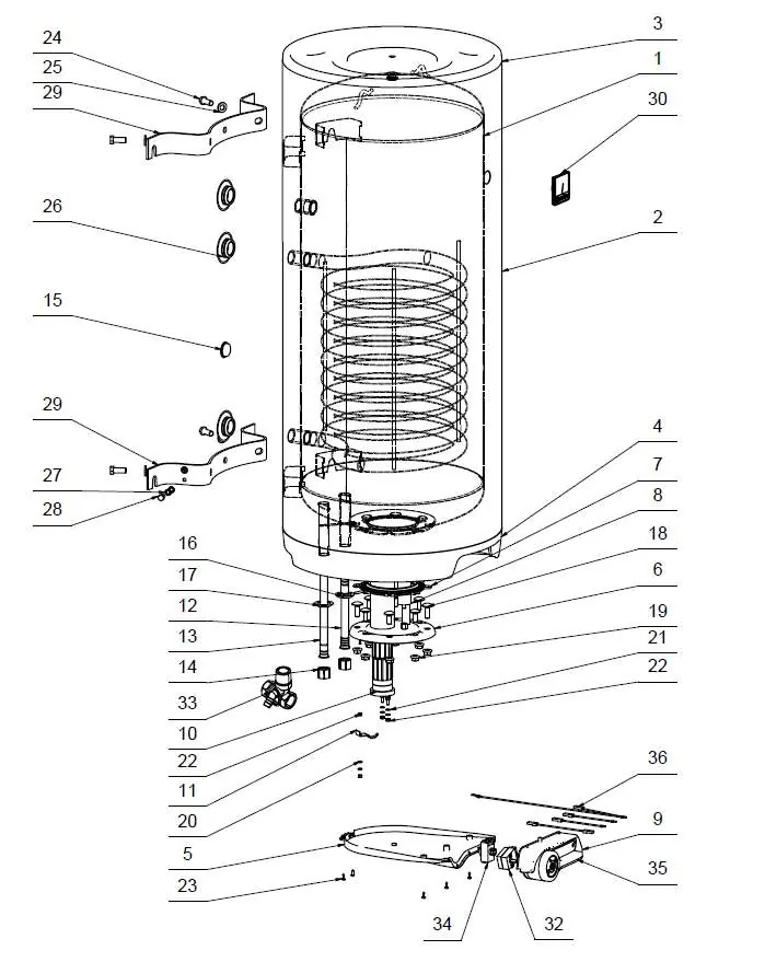 Schemat budowy (rozpad) podgrzewacza wody Dražice OKC 160/1m2