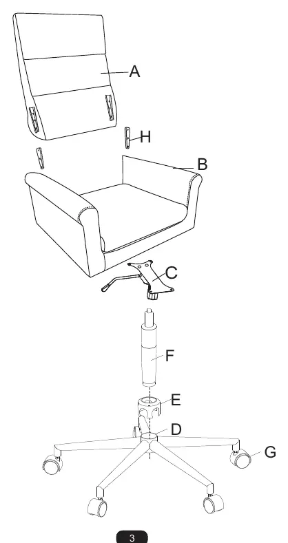 Widok rozstrzelony (Exploded view) przedstawiający elementy fotela